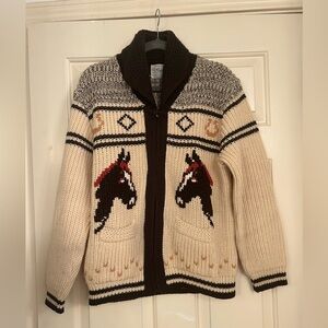 1950’s Caldwell Unisex Wool Cardigan Sweater Cowboy Rodeo Horses Hand Knit Small